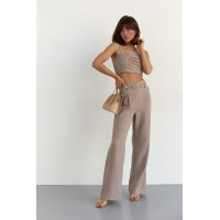 Жіночий бавовняний костюм із брюками та топом  кавовий колір