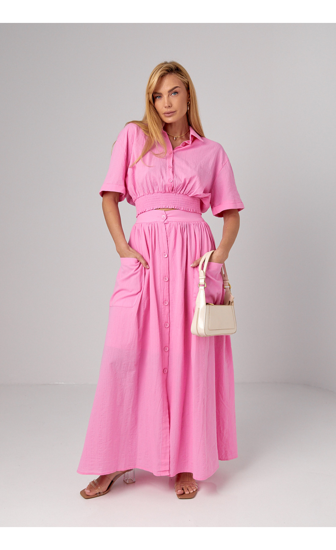 Літній спідничний костюм на гудзиках  рожевий колір