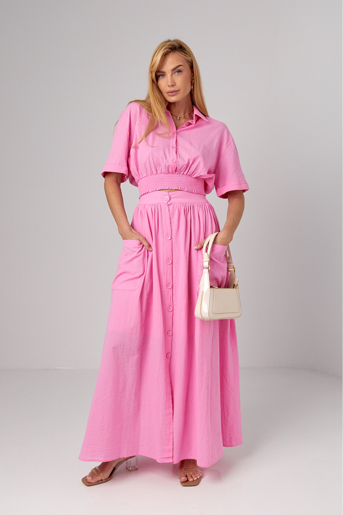 Літній спідничний костюм на гудзиках  рожевий колір