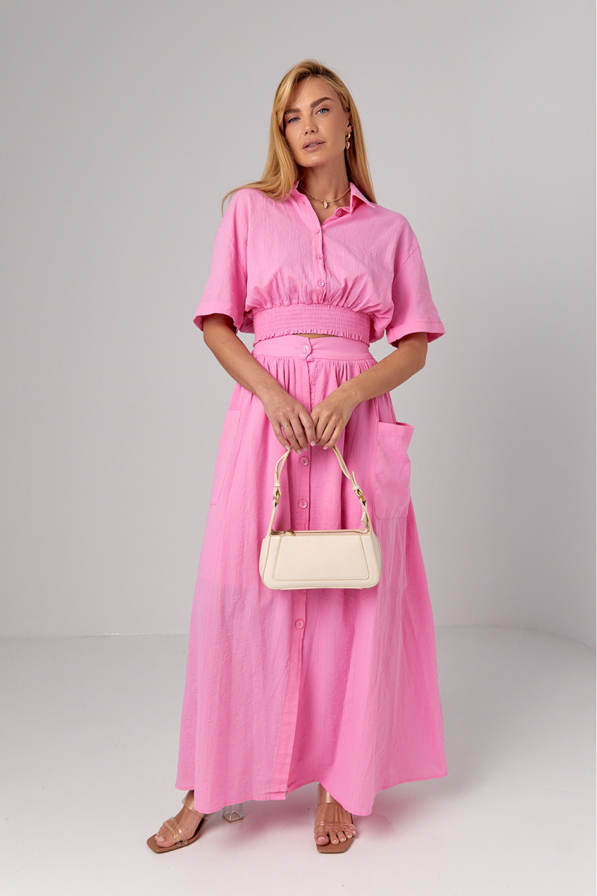 Літній спідничний костюм на гудзиках  рожевий колір