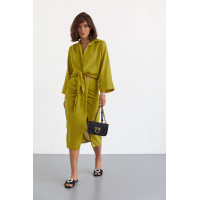 Літній спідничний костюм із блузою на зав'язках  гірчичний колір