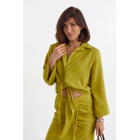 Літній спідничний костюм із блузою на зав'язках  гірчичний колір