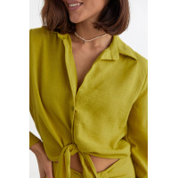 Літній спідничний костюм із блузою на зав'язках  гірчичний колір