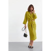 Літній спідничний костюм із блузою на зав'язках  гірчичний колір