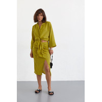 Літній спідничний костюм із блузою на зав'язках  гірчичний колір