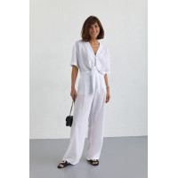 Жіночий літній костюм із брюками та блузкою на зав'язках  білий колір