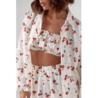 Жіночий костюмтрійка прикрашений вишнями  молочний колір