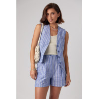Жіночий літній костюм з шортами та жилетом у смужку  синій колір