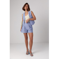 Жіночий літній костюм з шортами та жилетом у смужку  синій колір