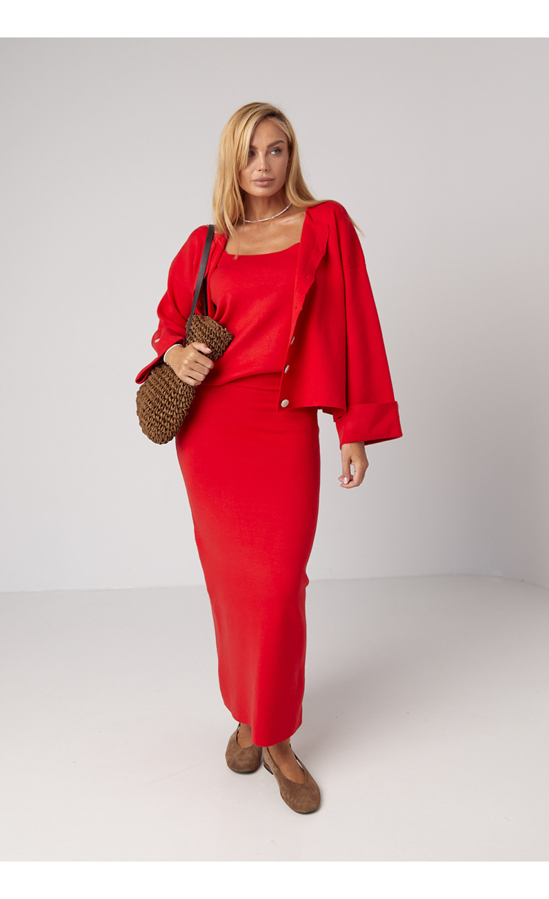 В'язаний костюмтрійка з кардиганом спідницею та топом  червоний колір