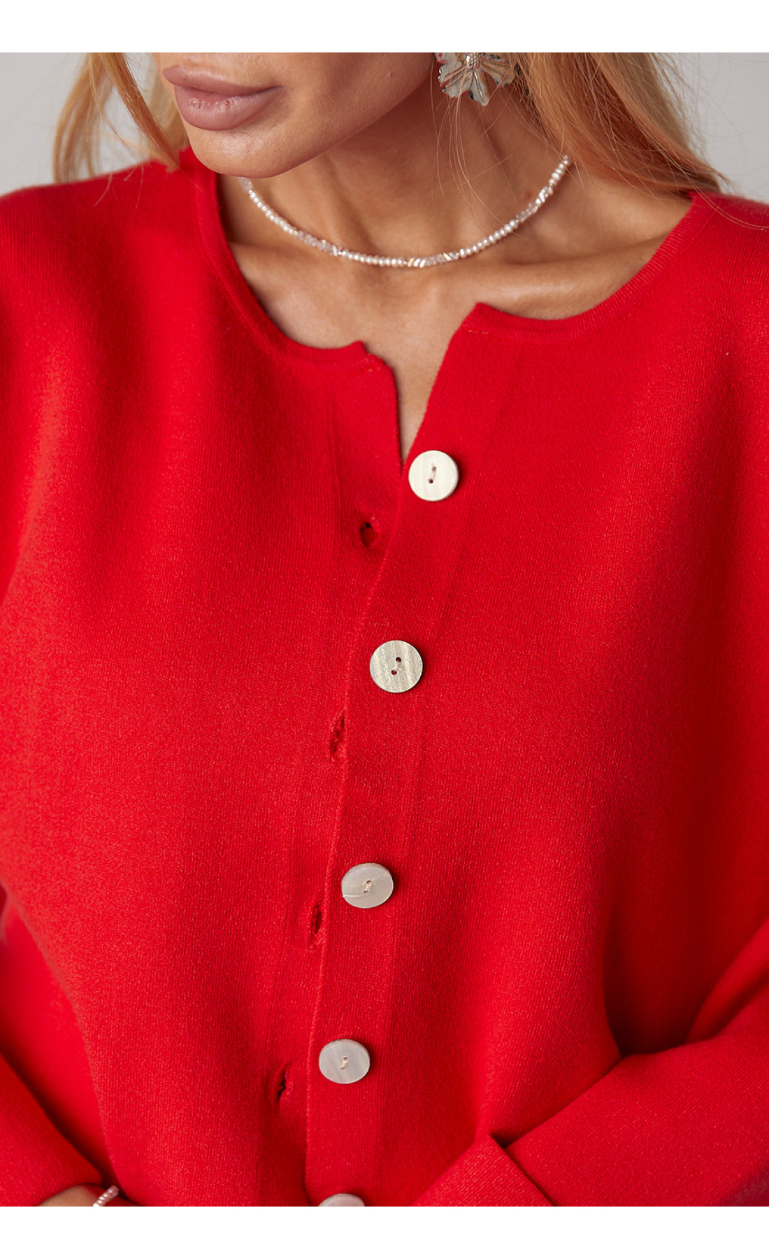 В'язаний костюмтрійка з кардиганом спідницею та топом  червоний колір