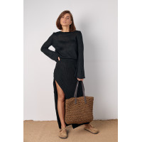 В'язаний костюм з джемпером та довгою спідницею з розрізом по нозі  чорний колір