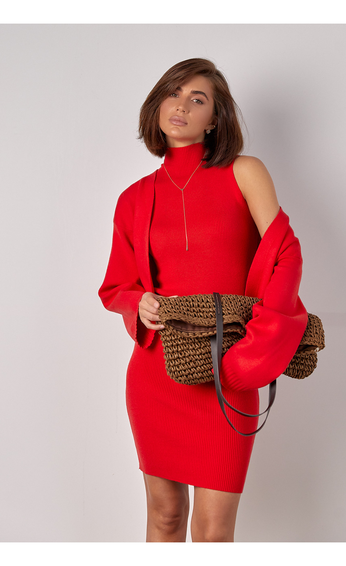 В'язаний костюм із сукнею в рубчик і кардиганом без застібки  червоний колір