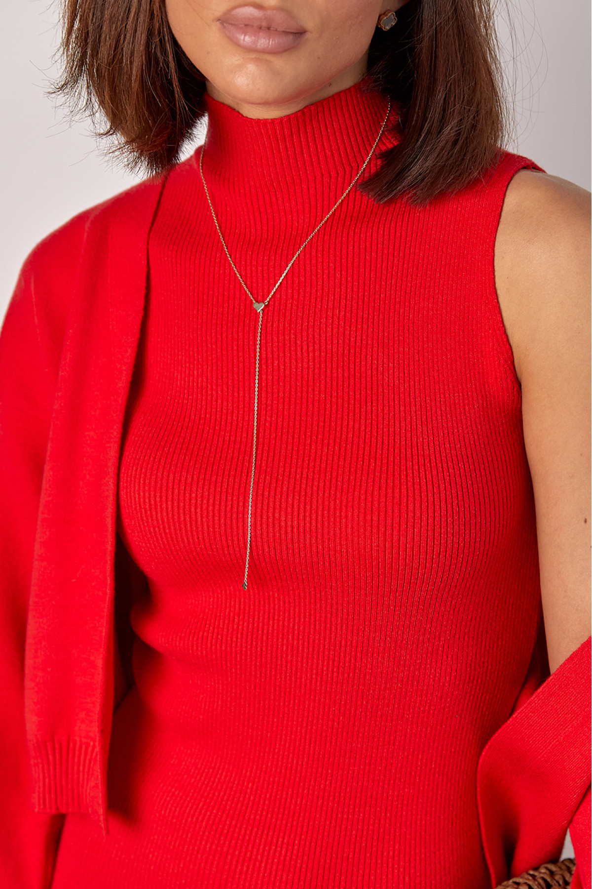 В'язаний костюм із сукнею в рубчик і кардиганом без застібки  червоний колір