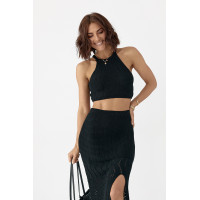 Літній в'язаний костюм зі спідницею та кроптопом  чорний колір