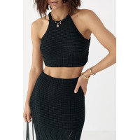 Літній в'язаний костюм зі спідницею та кроптопом  чорний колір