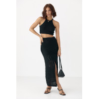 Літній в'язаний костюм зі спідницею та кроптопом  чорний колір