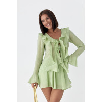 Літній костюм зі спідницею і блузою з рюшами  хакі колір