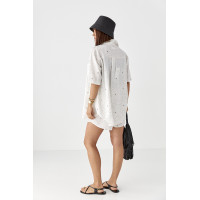 Літній квітковий костюм з шортами і сорочкою  молочний колір