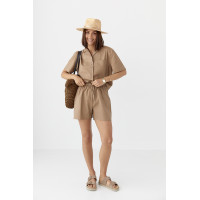 Льняний костюм із сорочкою та шортами  коричневий колір