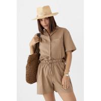 Льняний костюм із сорочкою та шортами  коричневий колір
