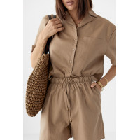 Льняний костюм із сорочкою та шортами  коричневий колір