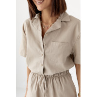 Льняний костюм із сорочкою та шортами  кавовий колір