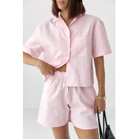 Льняний костюм із сорочкою та шортами  рожевий колір
