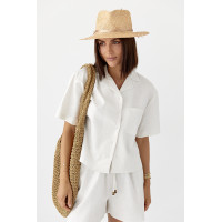 Льняний костюм із сорочкою та шортами  молочний колір