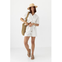 Льняний костюм із сорочкою та шортами  молочний колір