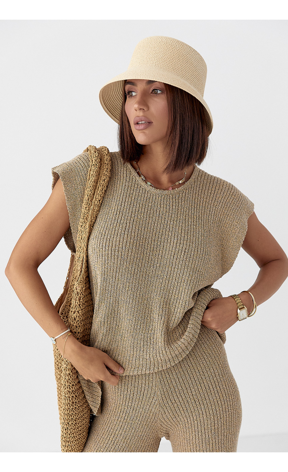 Літній в'язаний костюм із футболкою та штанами  меланж колір