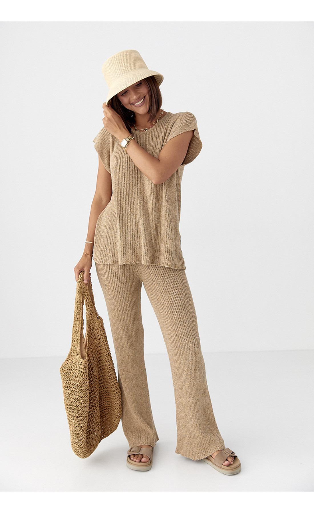 Літній в'язаний костюм із футболкою та штанами  меланж колір