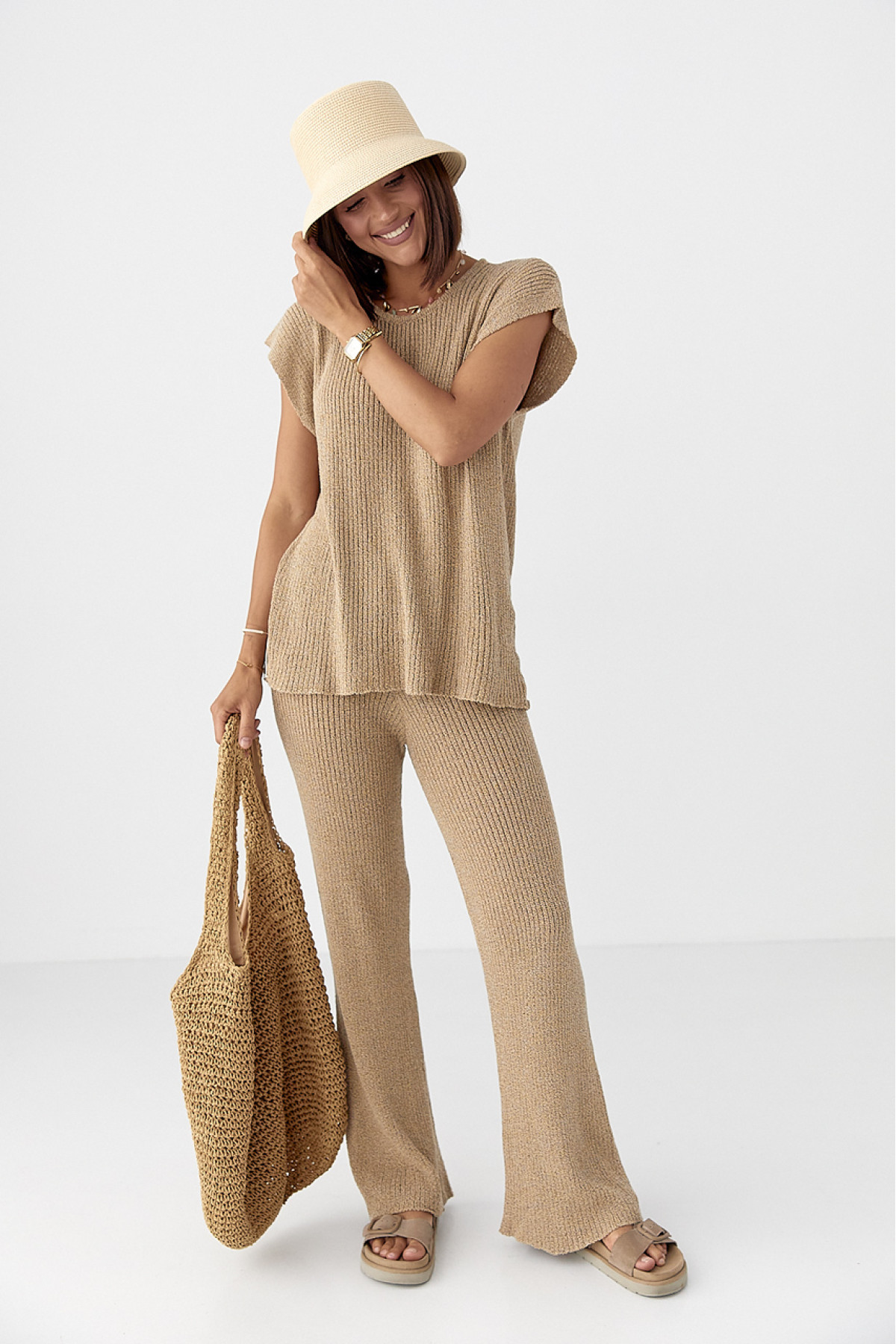 Літній в'язаний костюм із футболкою та штанами  меланж колір