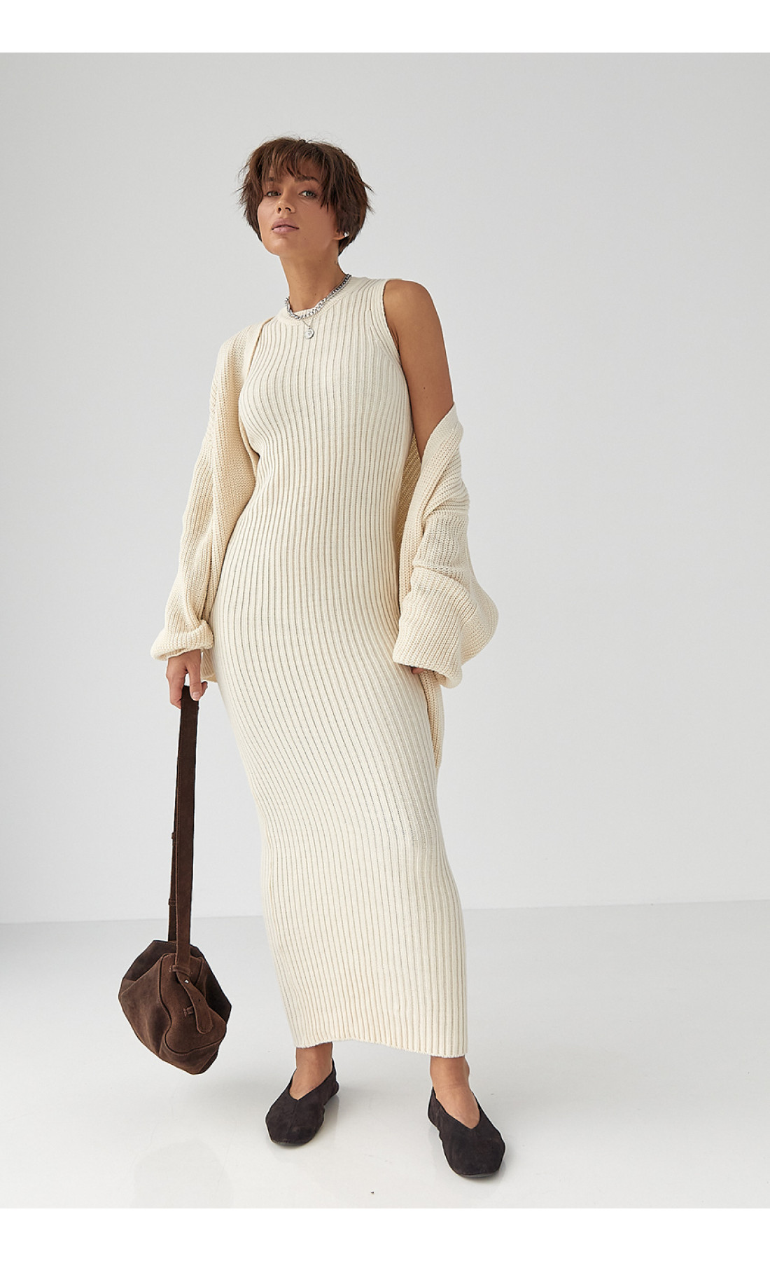 В'язаний костюм із сукнею та кардиганом  молочний колір