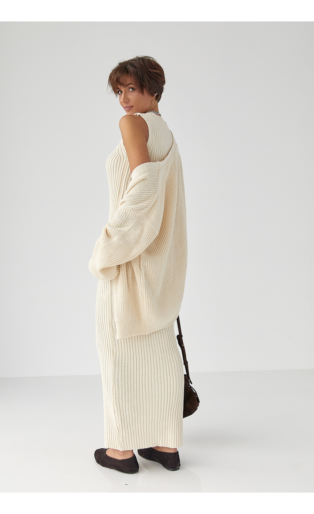 В'язаний костюм із сукнею та кардиганом  молочний колір