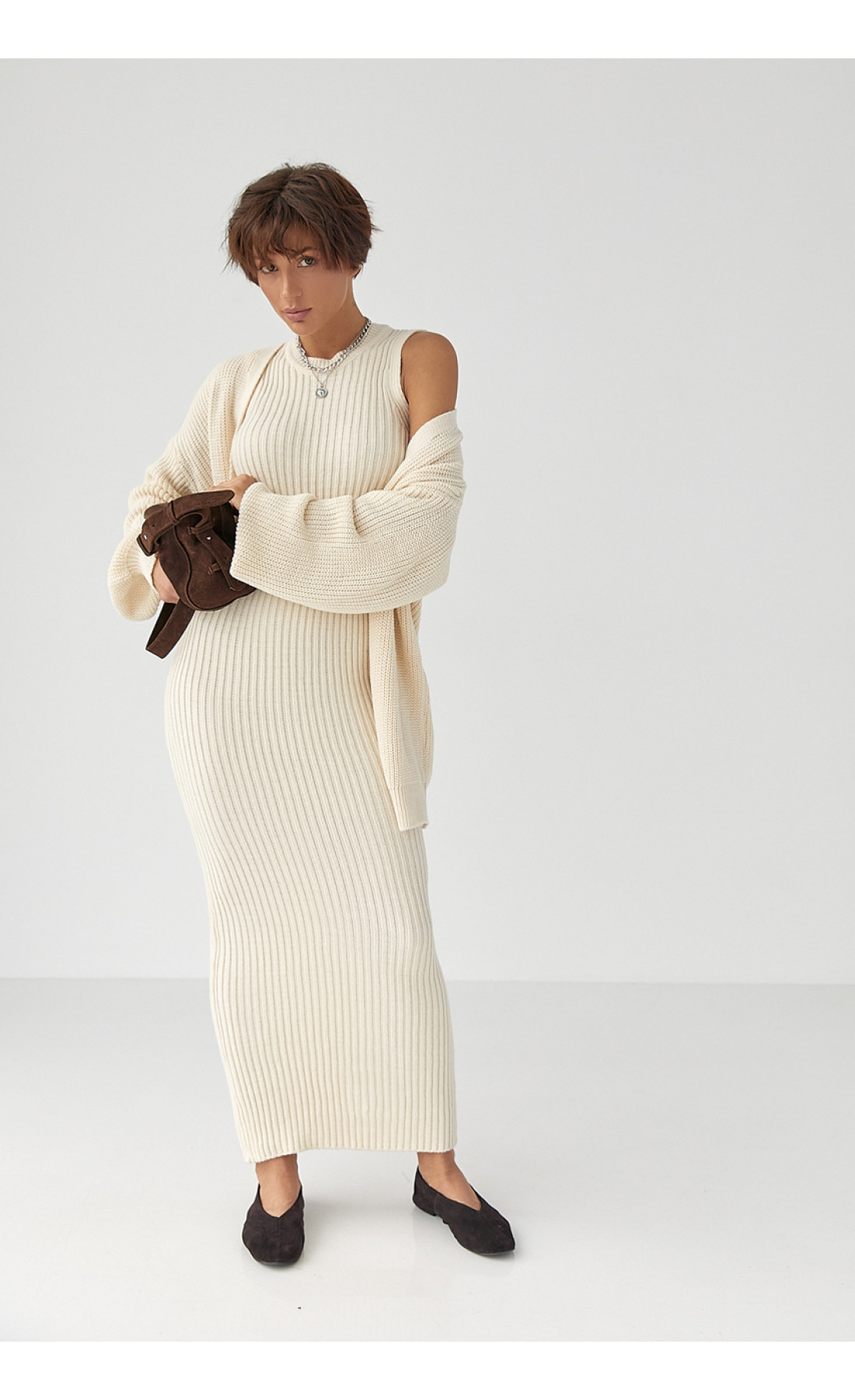 В'язаний костюм із сукнею та кардиганом  молочний колір