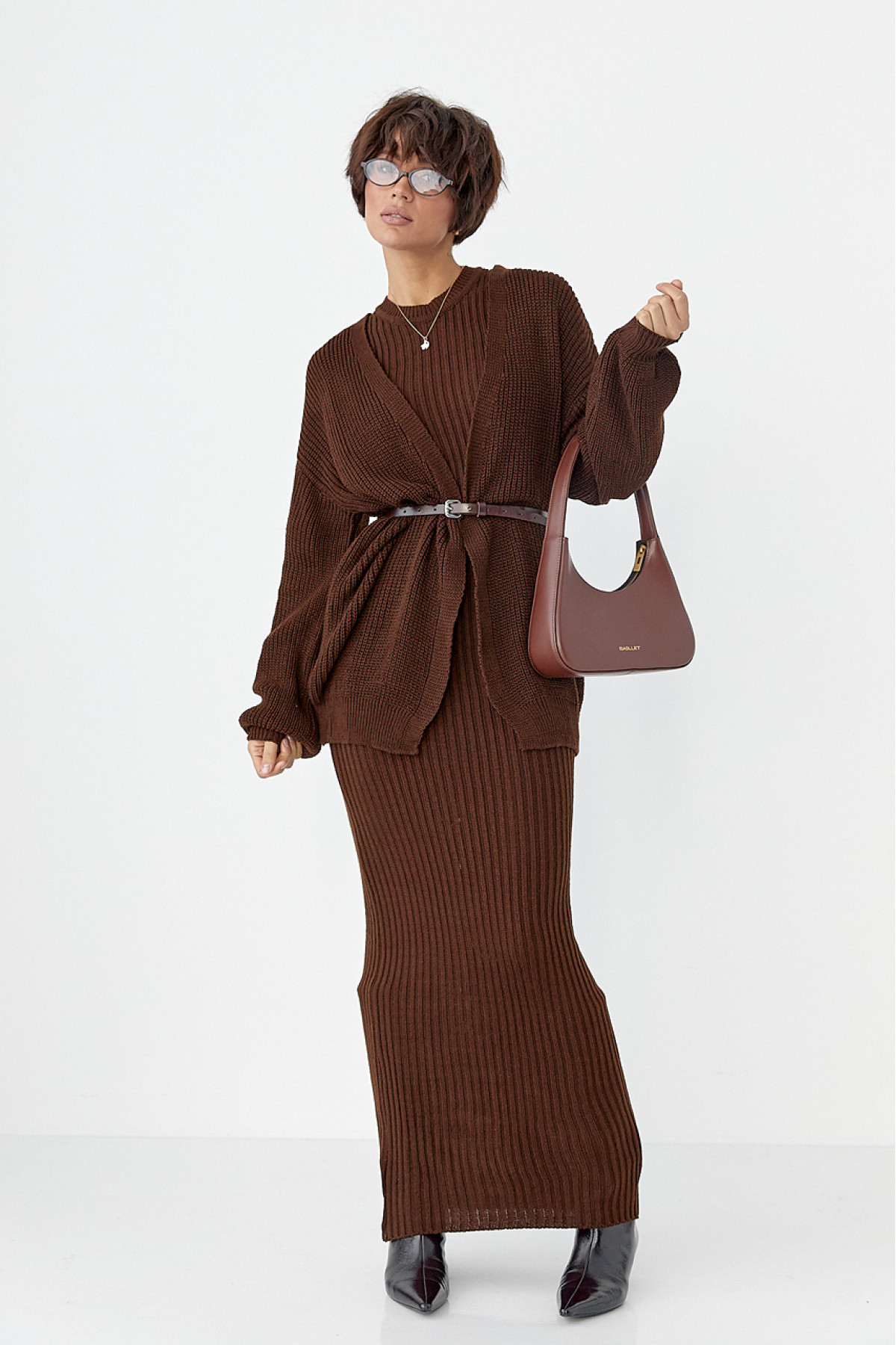 В'язаний костюм із сукнею та кардиганом  темнокоричневий колір