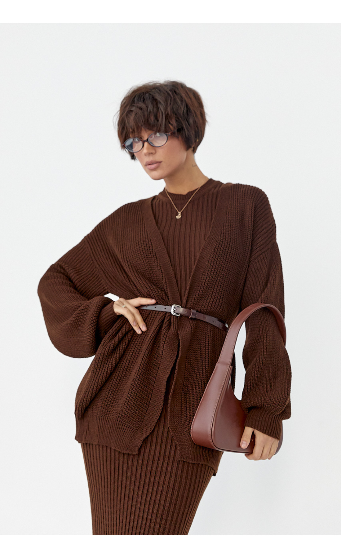 В'язаний костюм із сукнею та кардиганом  темнокоричневий колір