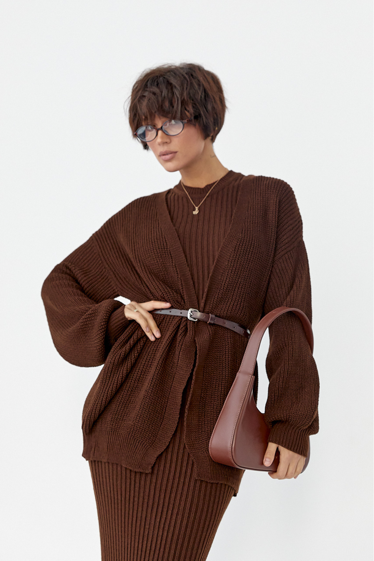 В'язаний костюм із сукнею та кардиганом  темнокоричневий колір