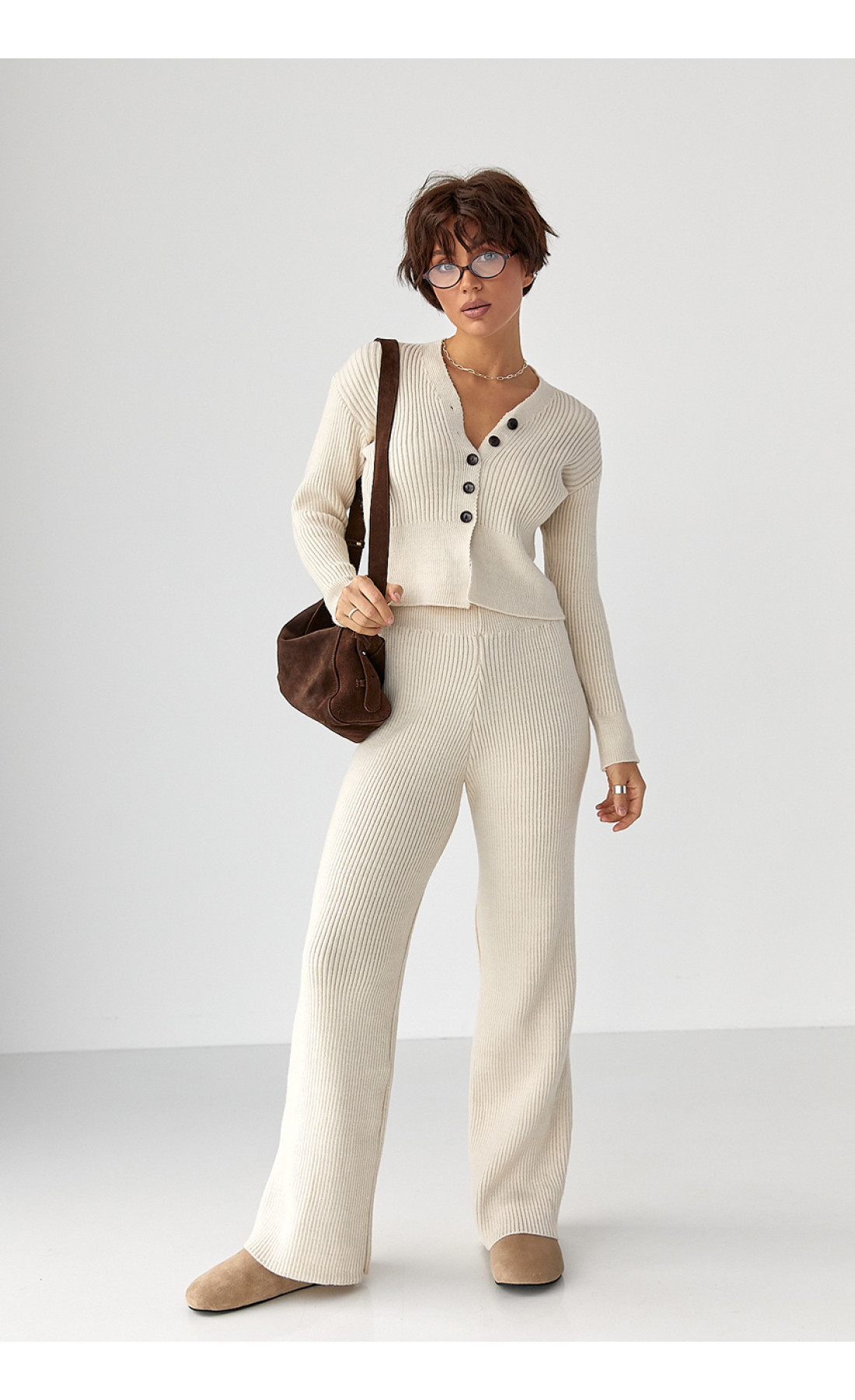 Трикотажний костюм у рубчик із кардиганом і штанами палаццо  молочний колір