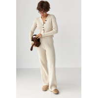 Трикотажний костюм у рубчик із кардиганом і штанами палаццо  молочний колір