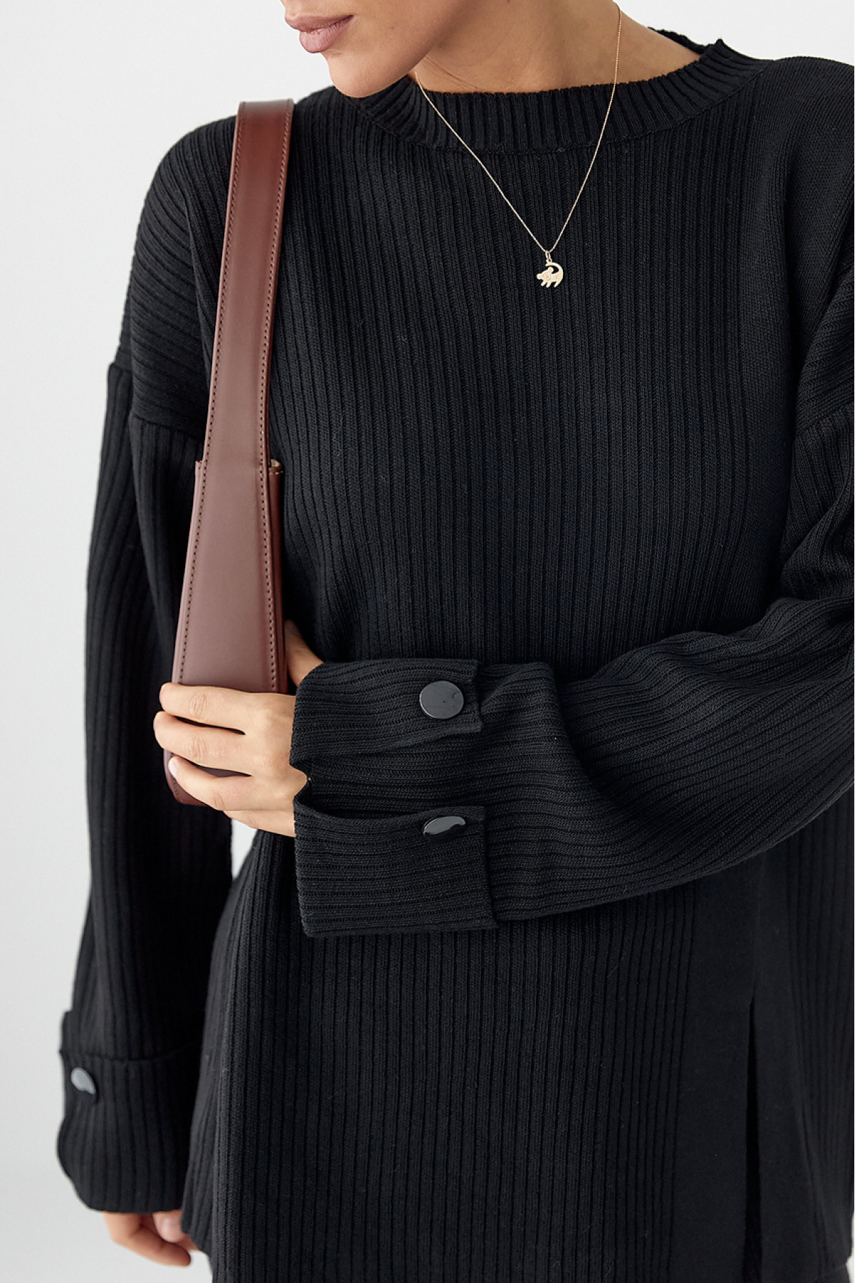 В'язаний костюм в рубчик вільною крою  чорний колір