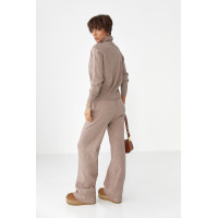 Трикотажний костюм із коротким кардиганом на блискавці та широкими штанами  кавовий колір