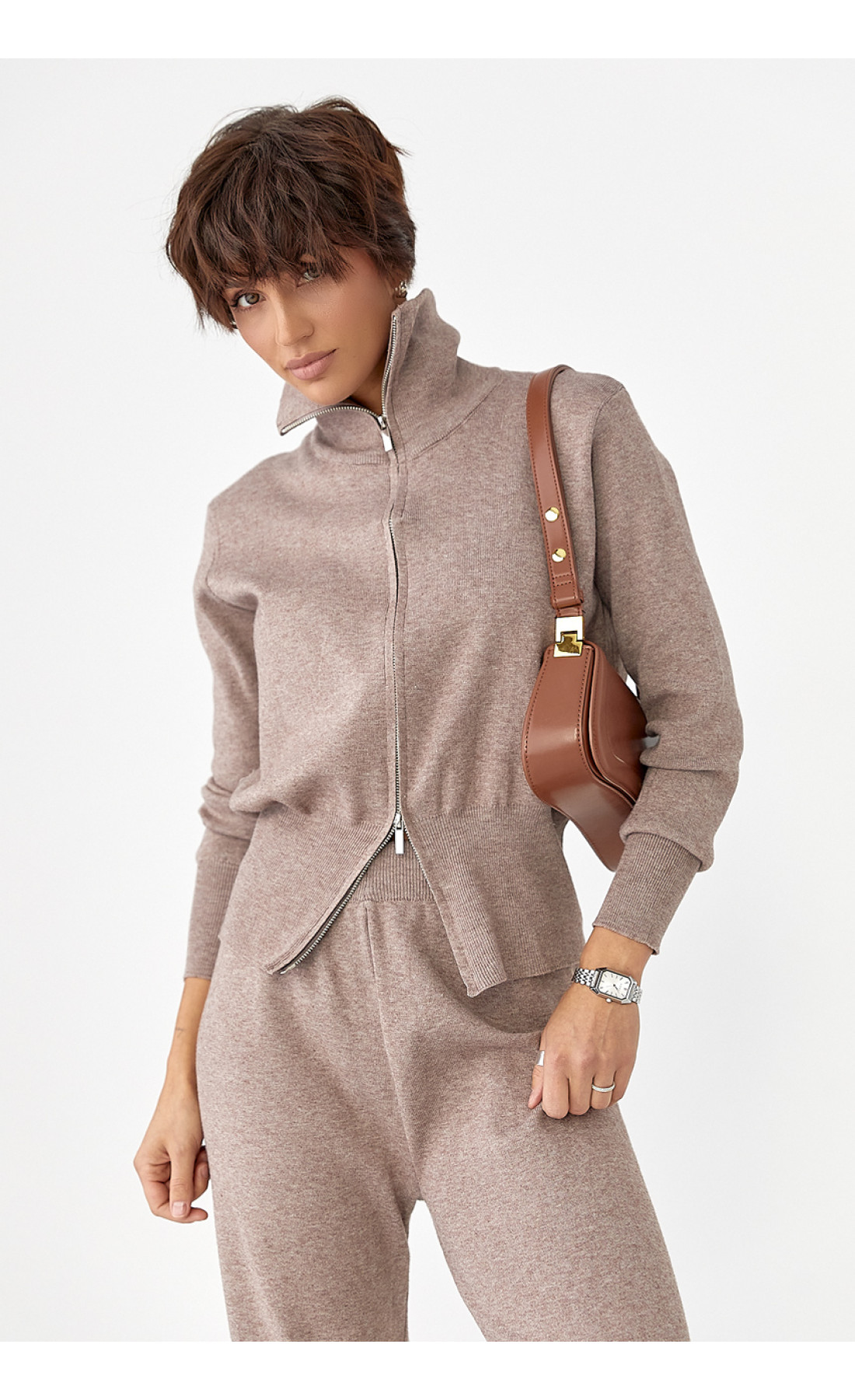 Трикотажний костюм із коротким кардиганом на блискавці та широкими штанами  кавовий колір