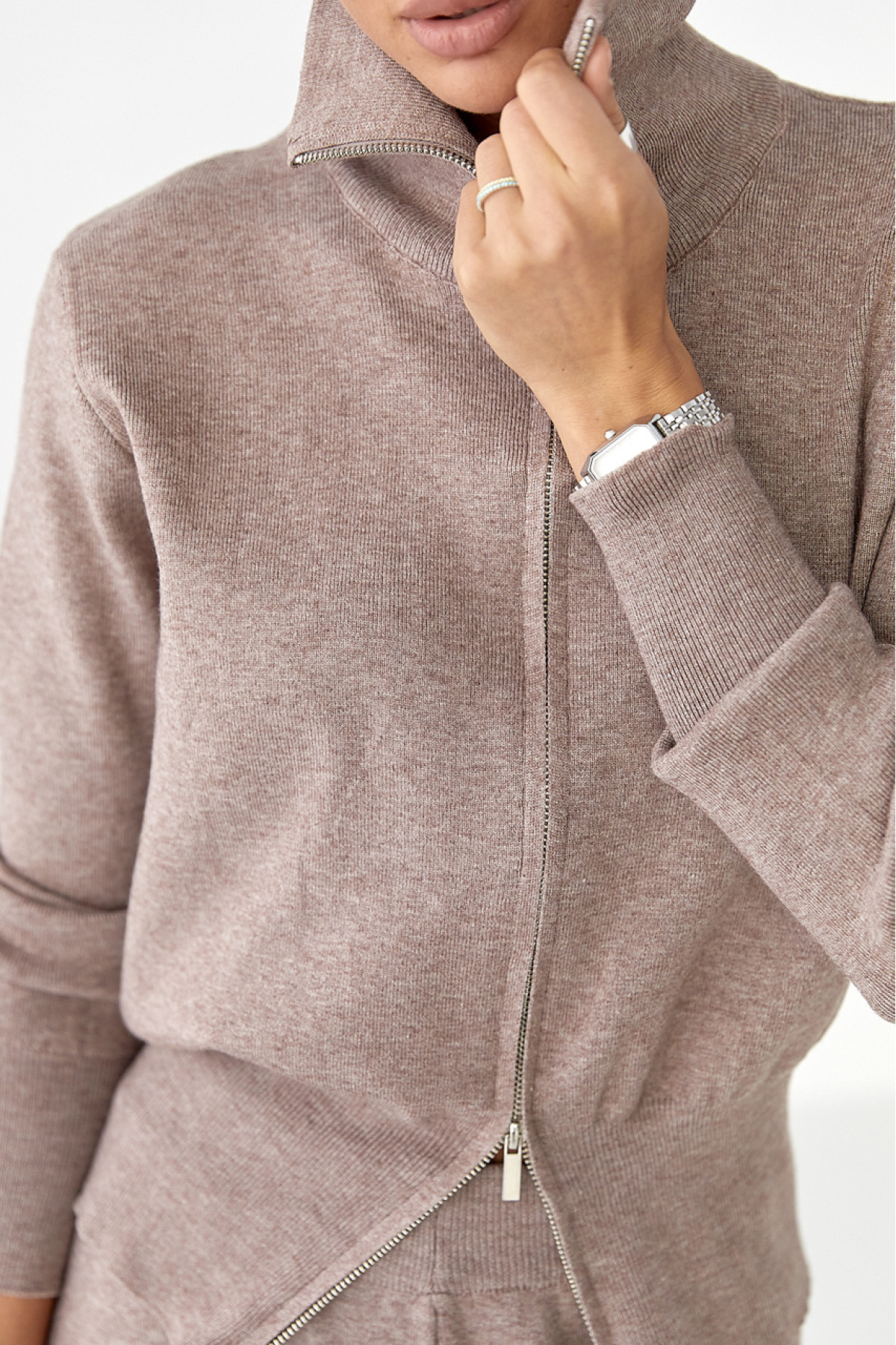 Трикотажний костюм із коротким кардиганом на блискавці та широкими штанами  кавовий колір