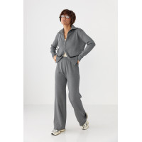 Трикотажний костюм із коротким кардиганом на блискавці та широкими штанами  сірий колір