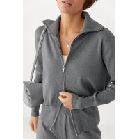 Трикотажний костюм із коротким кардиганом на блискавці та широкими штанами  сірий колір