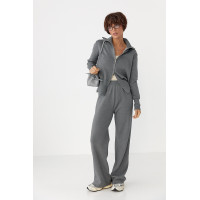 Трикотажний костюм із коротким кардиганом на блискавці та широкими штанами  сірий колір