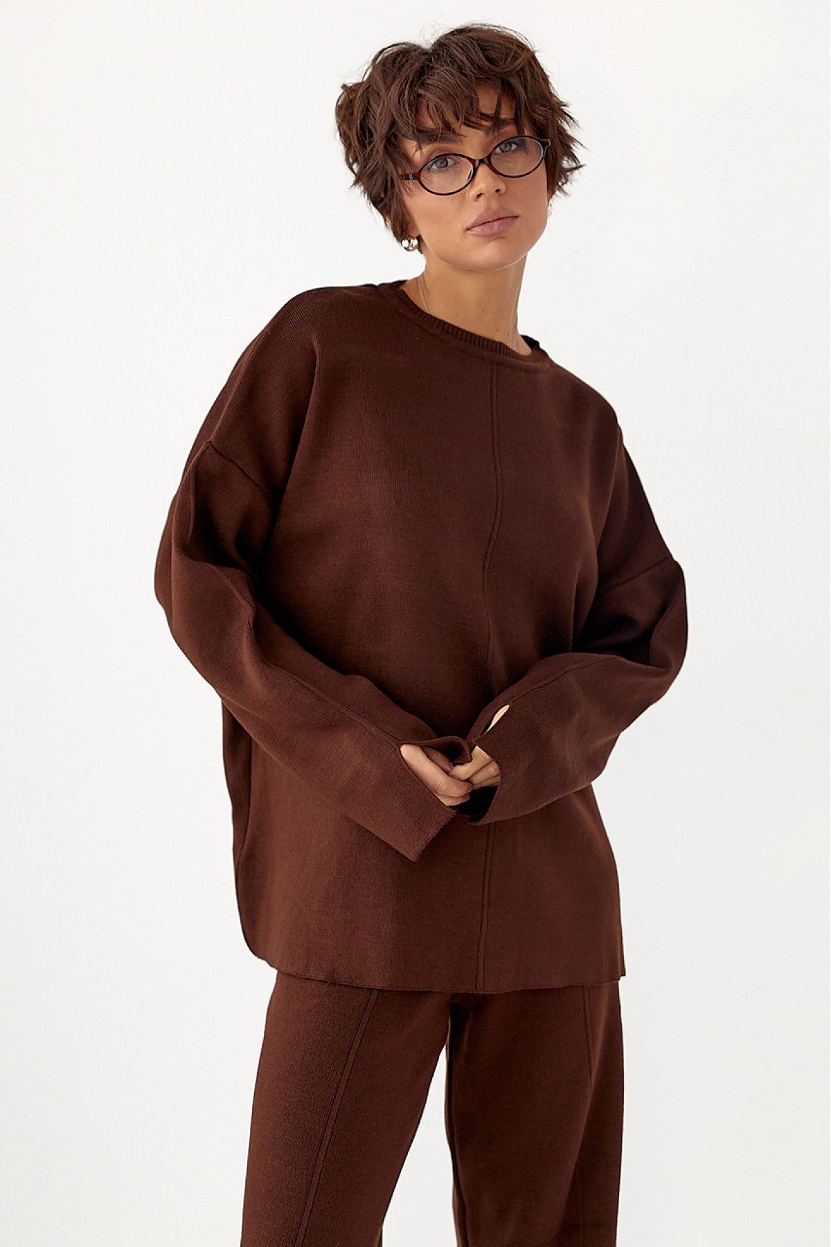 В'язаний костюм з вільною кофтою та широкими штанами  коричневий колір