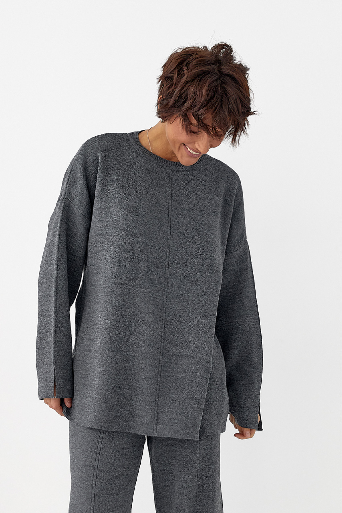 В'язаний костюм з вільною кофтою та широкими штанами  сірий колір